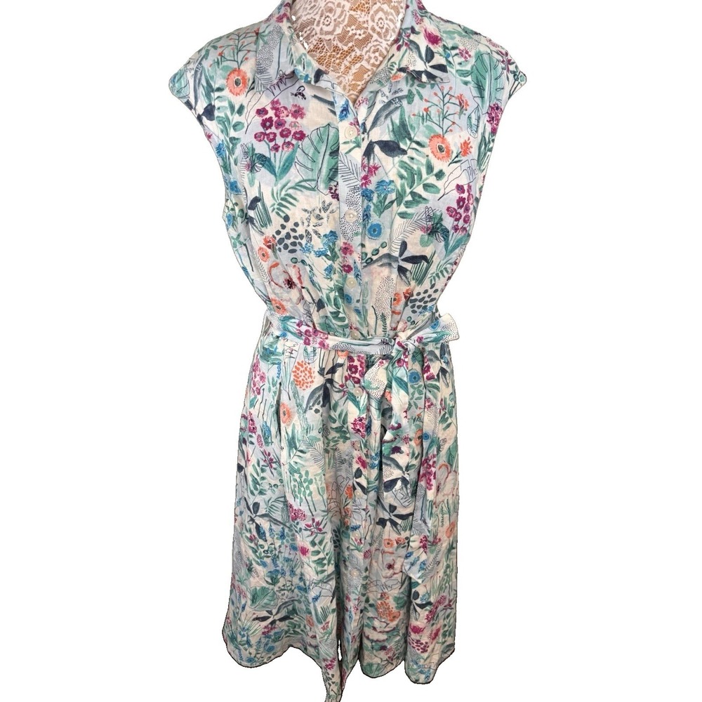 Joules Alisandra 100% Linen Floral Dress Button Front Midi Dress 10 Belted